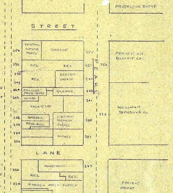 1935 Map of Downtown Fort Wayne's Pearl District between Pearl, Webster, Main, and Maiden