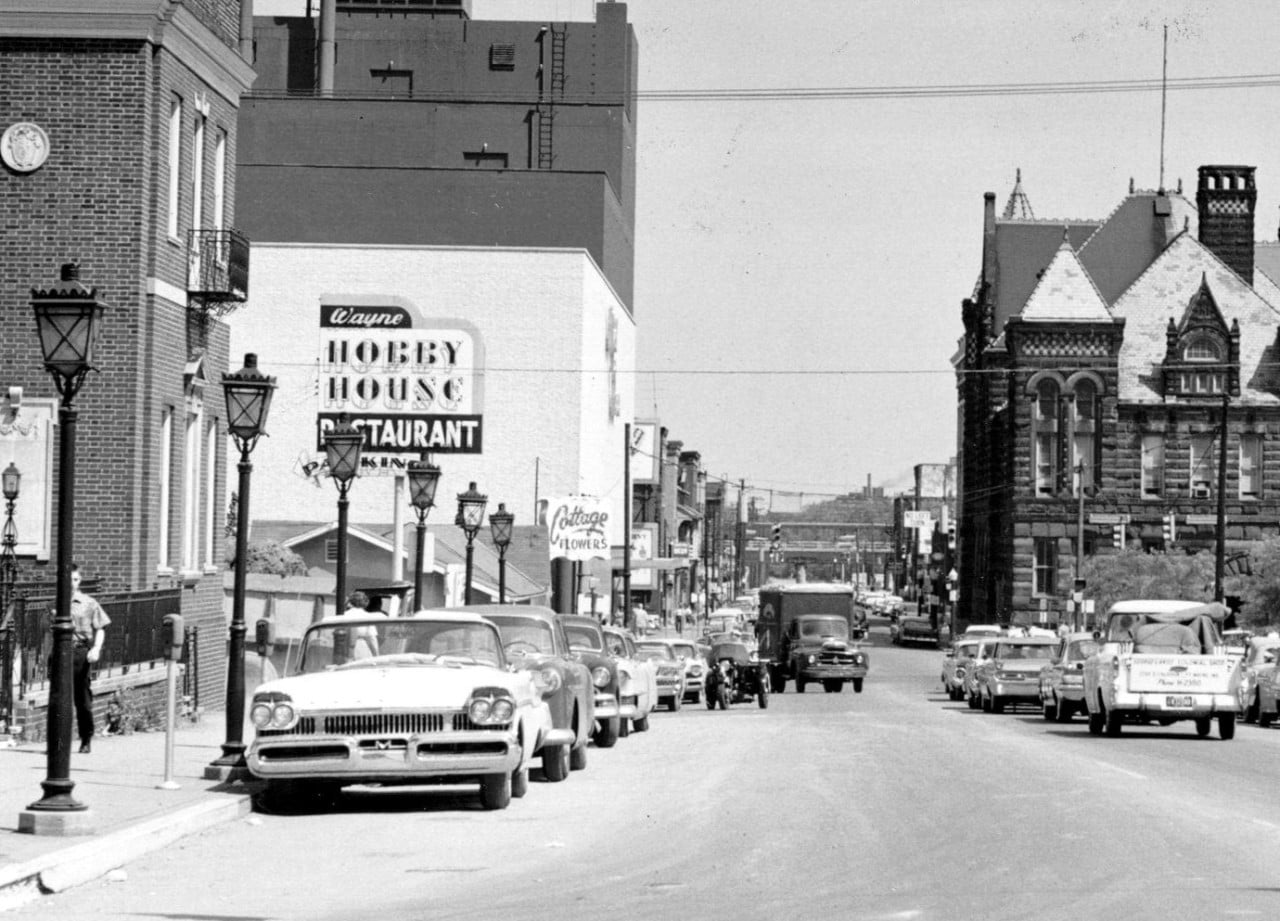 Barr St from Washington Blvd showing Hobby House & Cottage Flowers, copyright ACPL