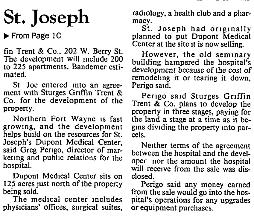 Sturges Property Group - Journal Gazette/News-Sentinel, St. Joseph Hospital Expansion, Jan 31, 1995