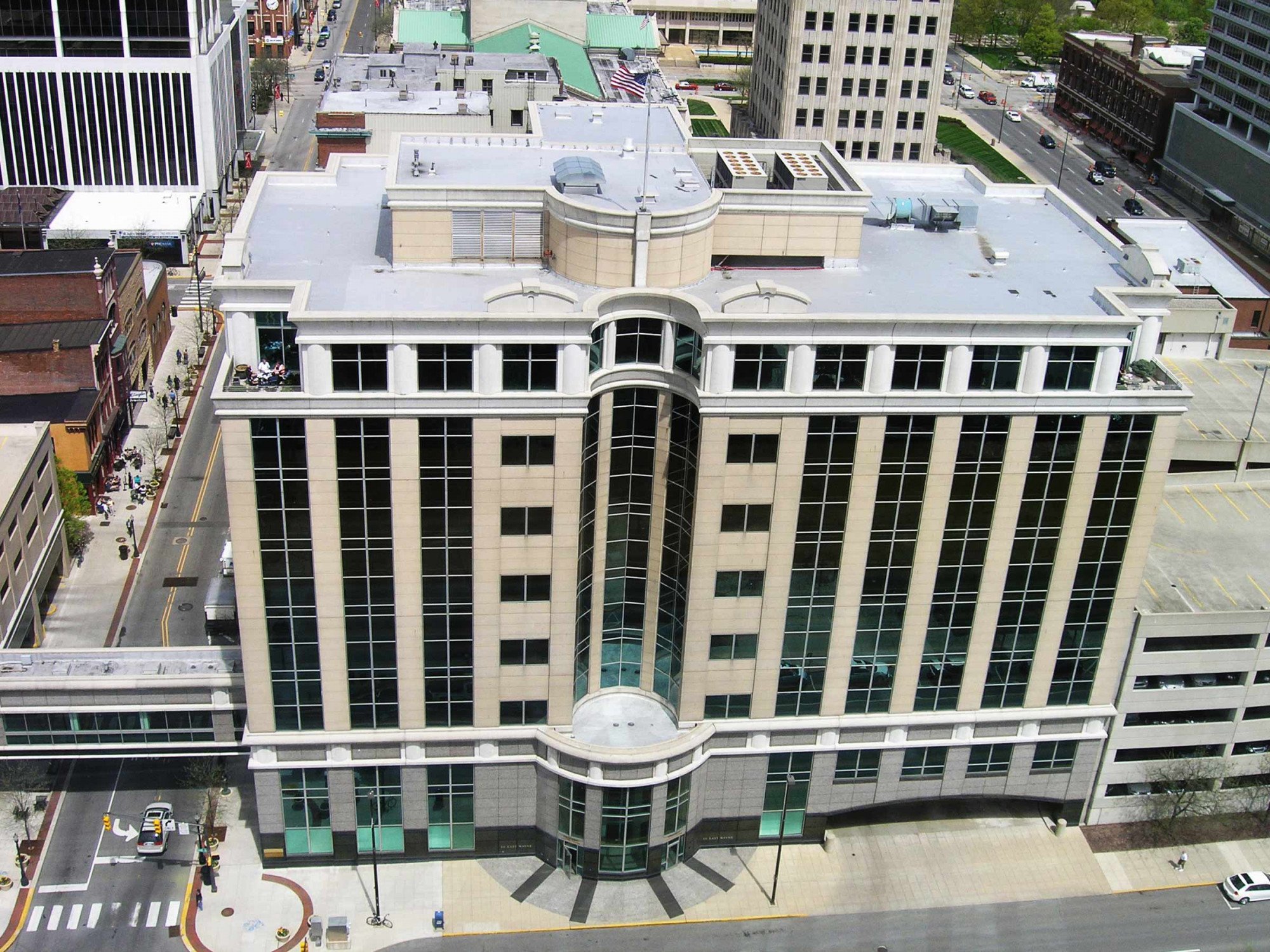 Aerial view of the Indiana Office Center at 111 East Wayne Street.